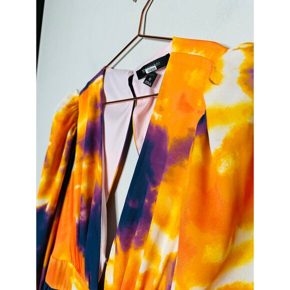 TOCCIN Purple Orange Tie-Dye Retro Plunging Neckline Puff Sleeves Maxi Dress 8 - Picture 12 of 16